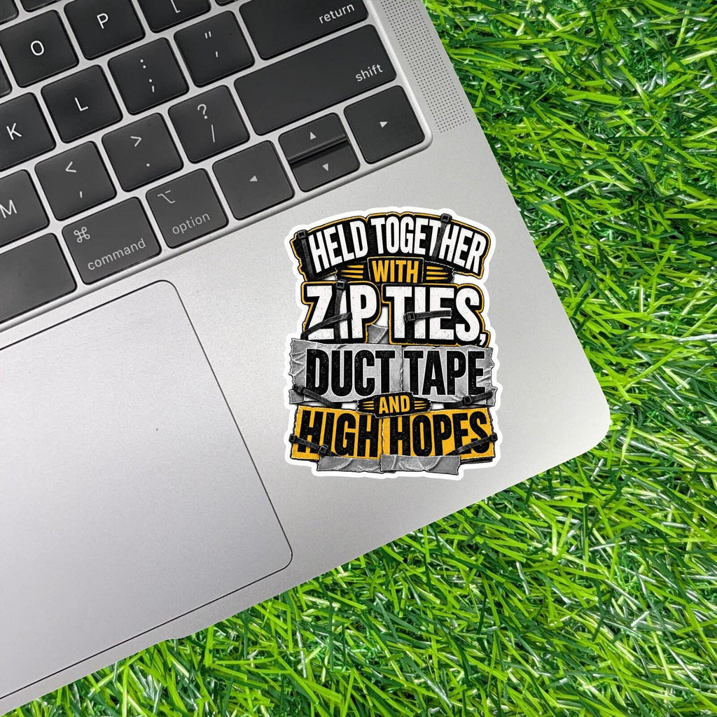 Held Together With Zip Ties Duct Tape High Hopes Sticker Decal Mechanic Repair