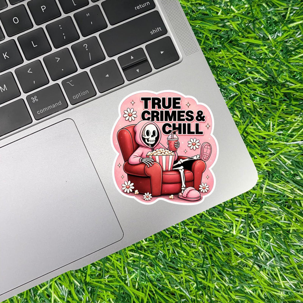 True Crimes Chill Sticker Skeleton Detective Decal Podcast Lover Mystery Movie Night Cozy