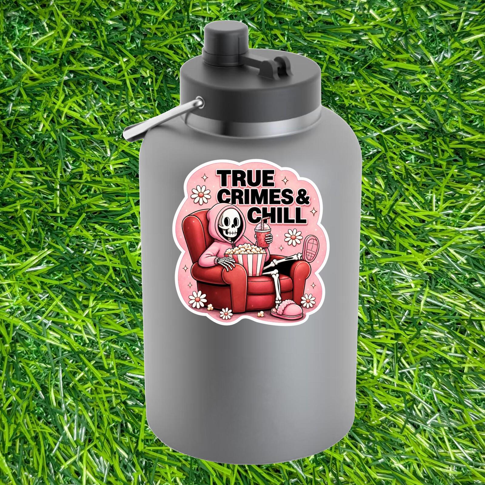 True Crimes Chill Sticker Skeleton Detective Decal Podcast Lover Mystery Movie Night Cozy