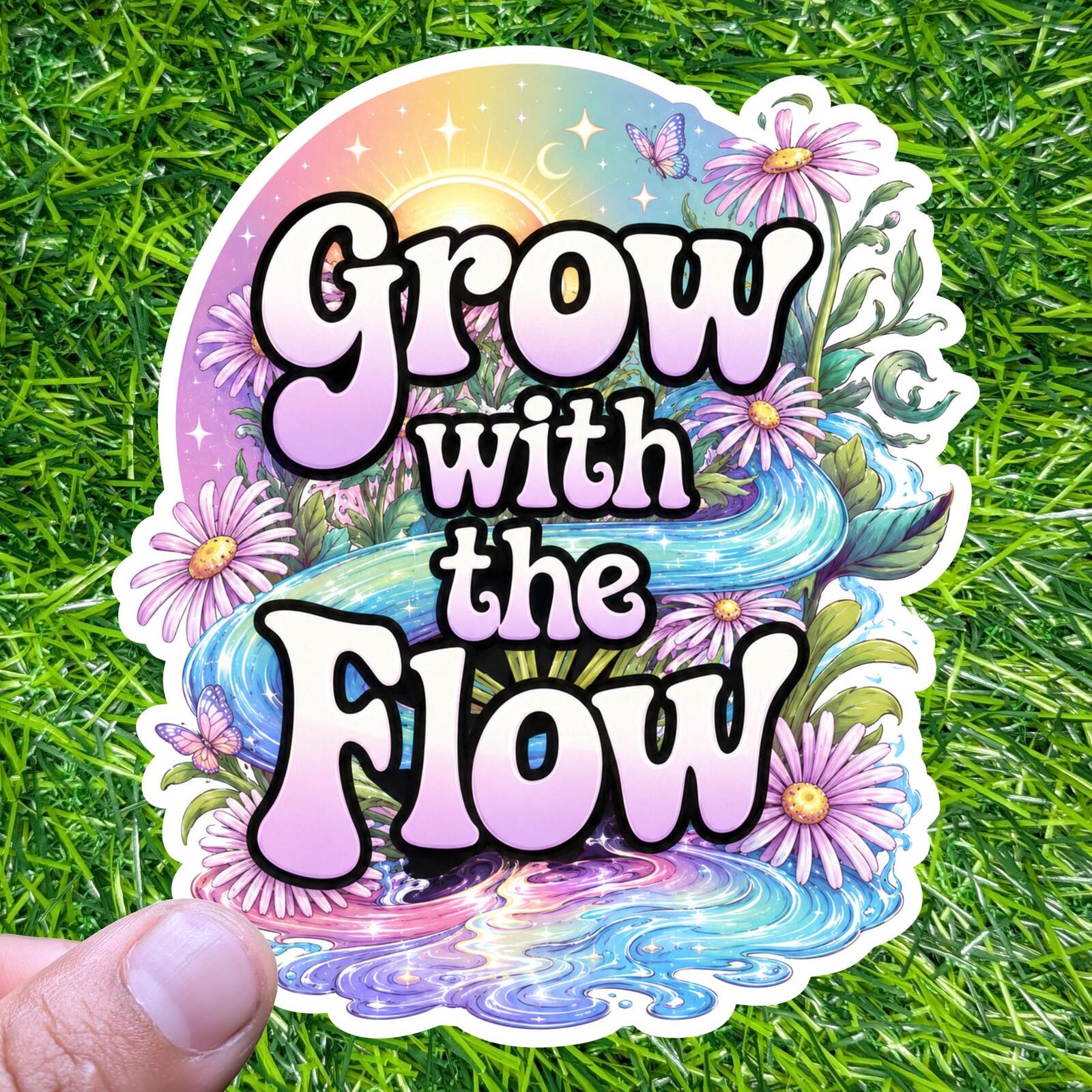 Grow With The Flow Sticker Floral River Decal Daisy Butterfly Nature Self Care Garden