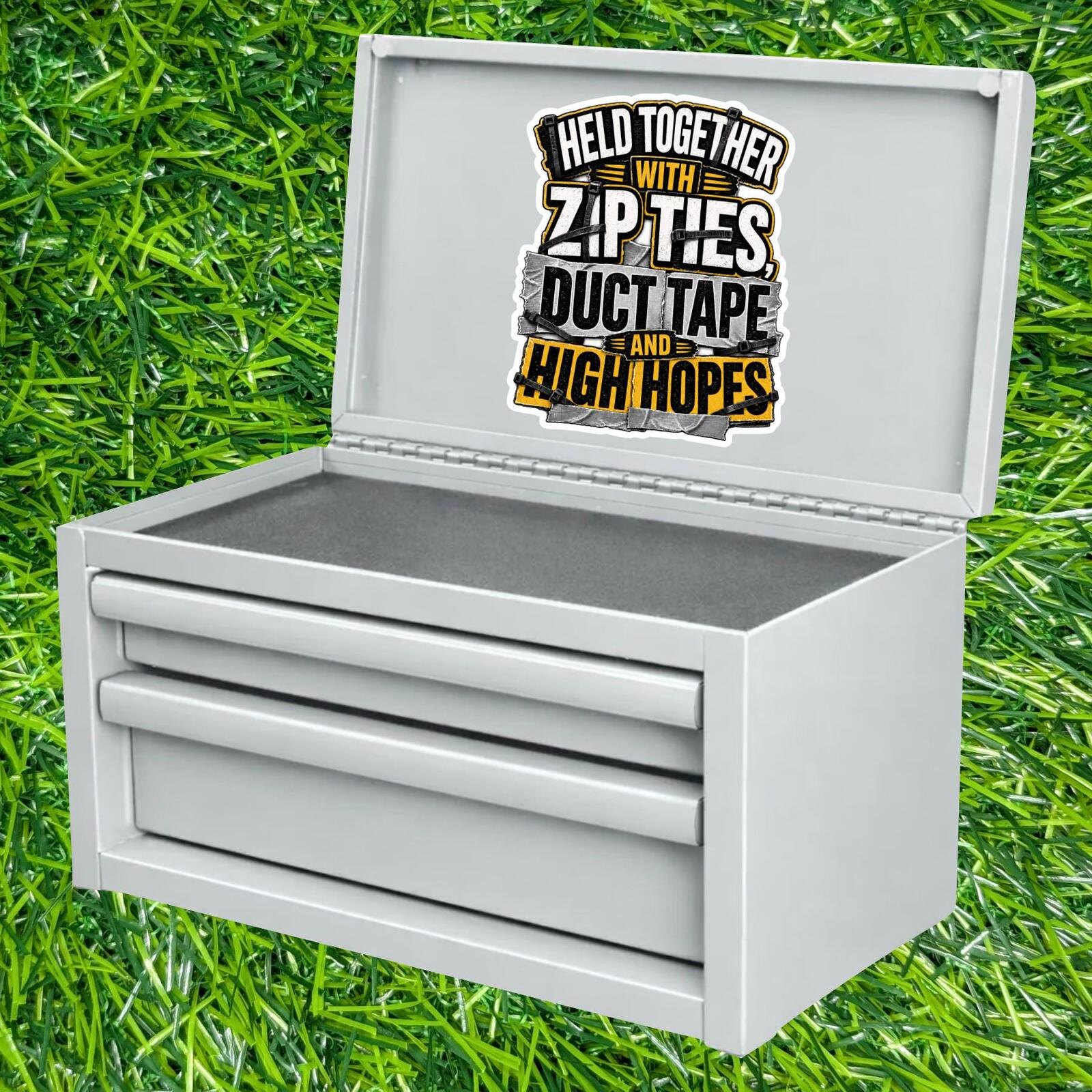 Held Together With Zip Ties Duct Tape High Hopes Sticker Decal Mechanic Repair