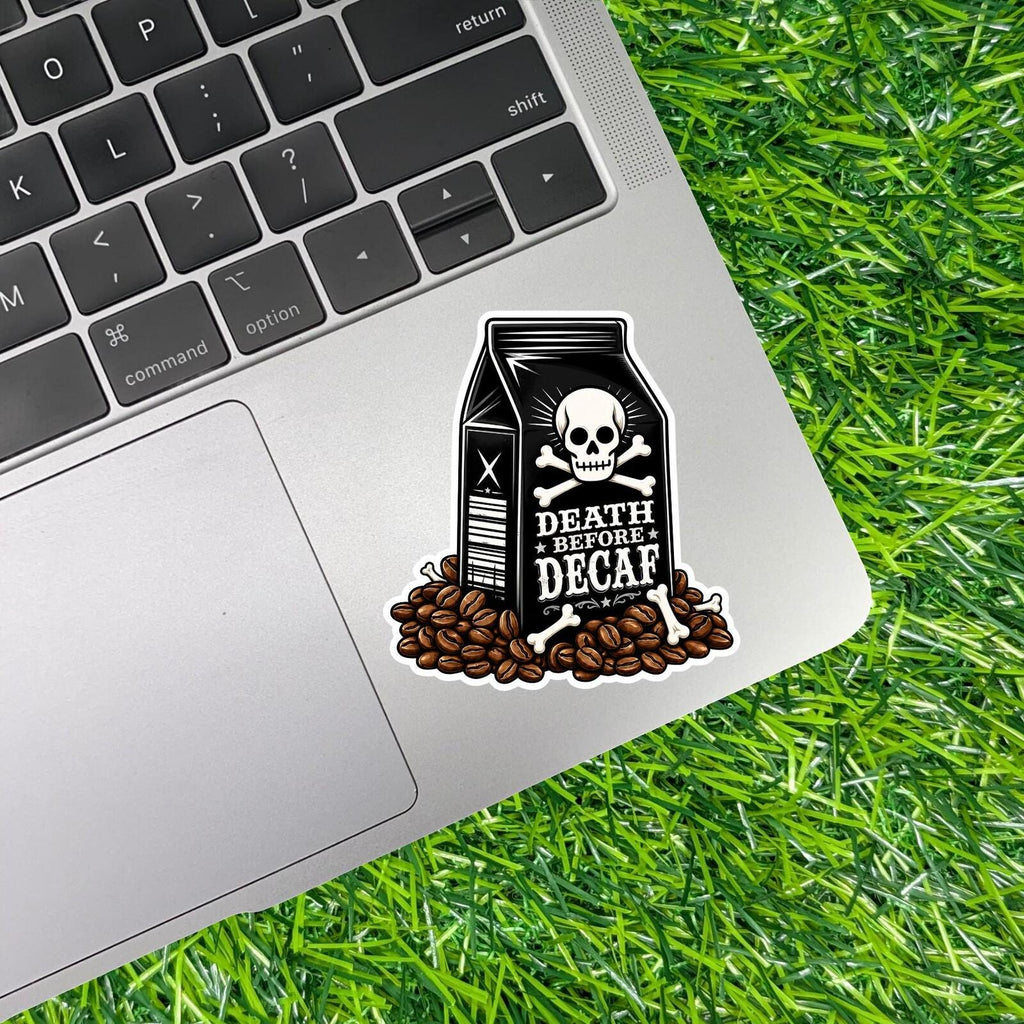 Death Before Decaf Skull Crossbones Coffee Dark Roast Caffeine Espresso Sticker