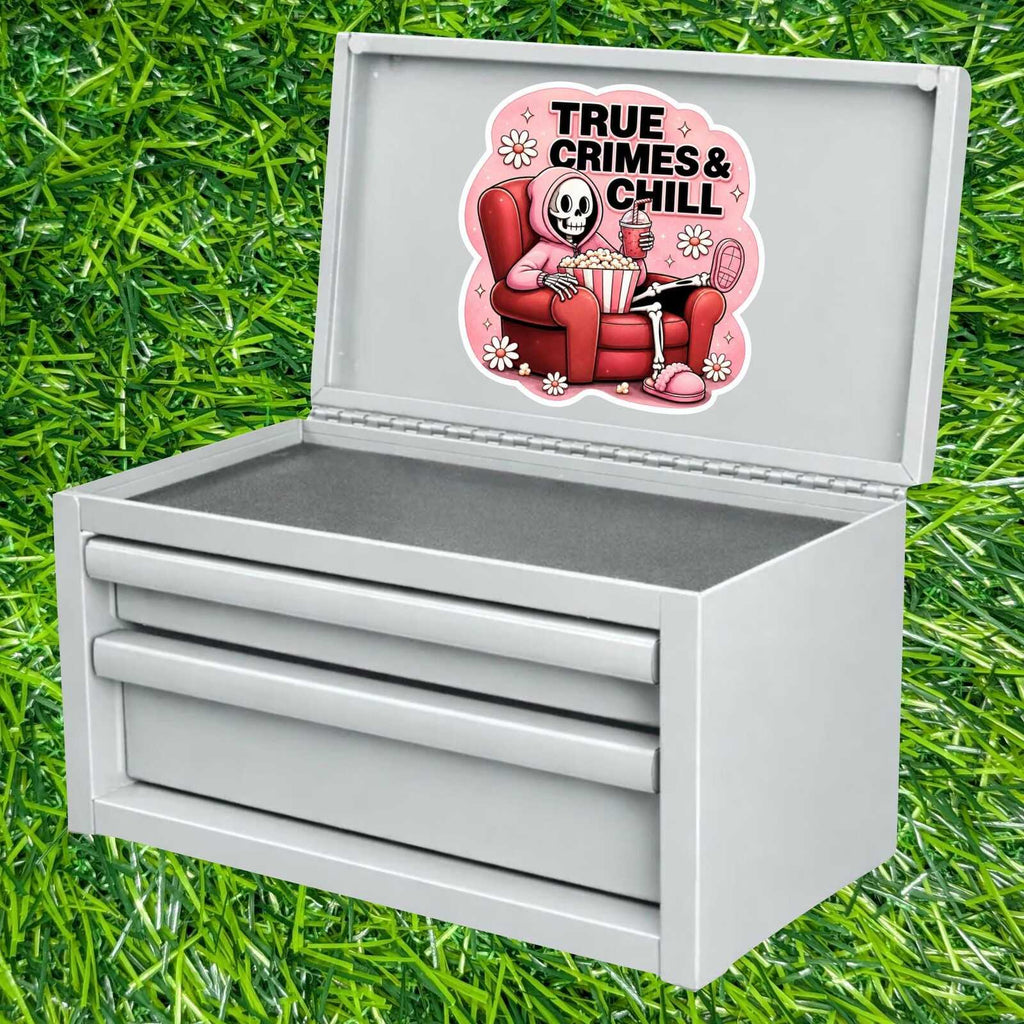 True Crimes Chill Sticker Skeleton Detective Decal Podcast Lover Mystery Movie Night Cozy