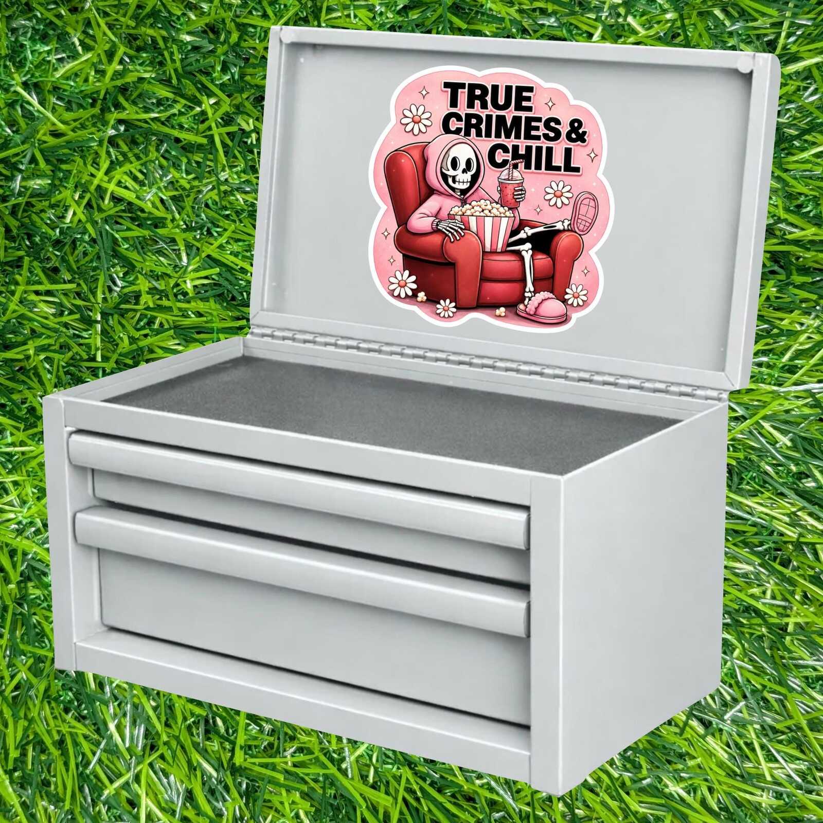 True Crimes Chill Sticker Skeleton Detective Decal Podcast Lover Mystery Movie Night Cozy